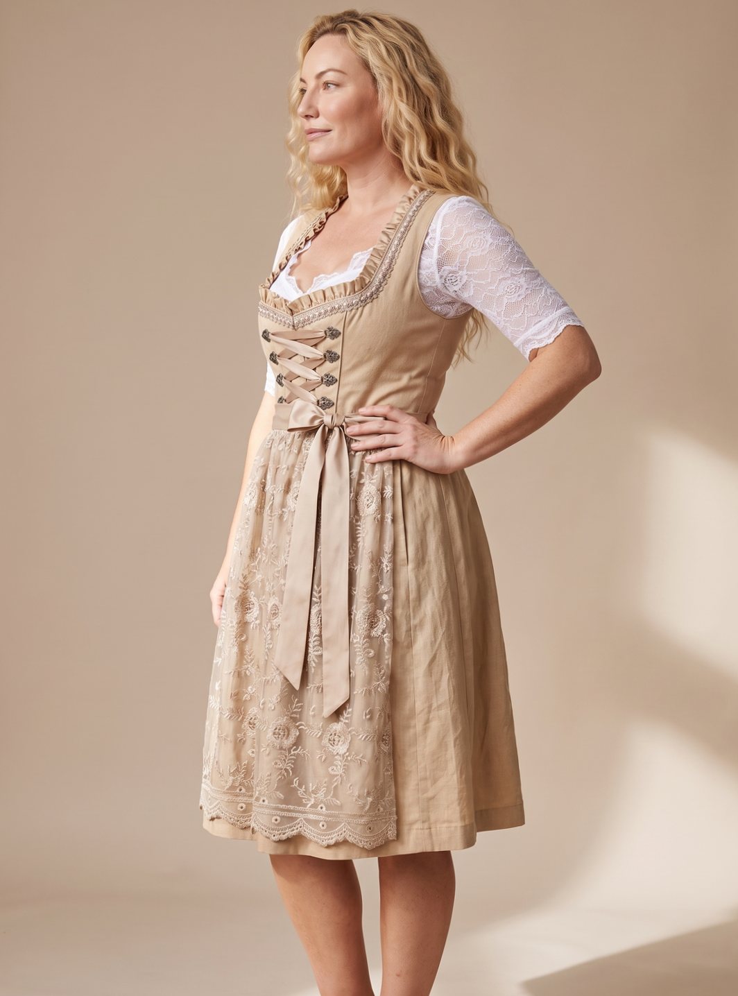 Damen Trachten-Dirndl Knielang Spitzenbluse Schnürung