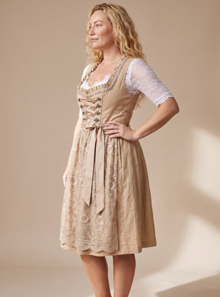 Damen Trachten-Dirndl Knielang Spitzenbluse Schnürung