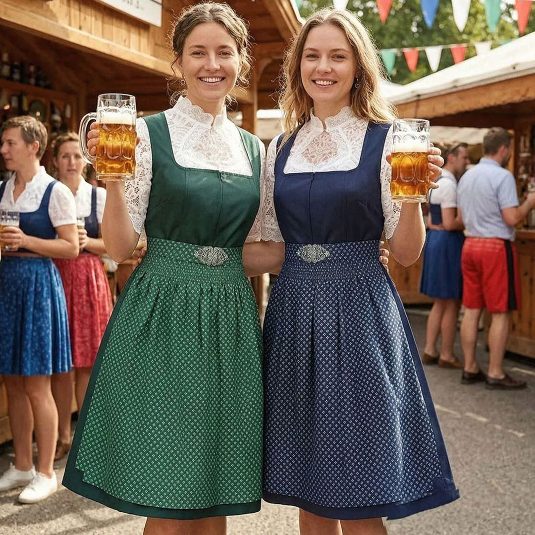 Damen Trachten-Dirndl-Set knielang mit Spitzenbluse und Schürze