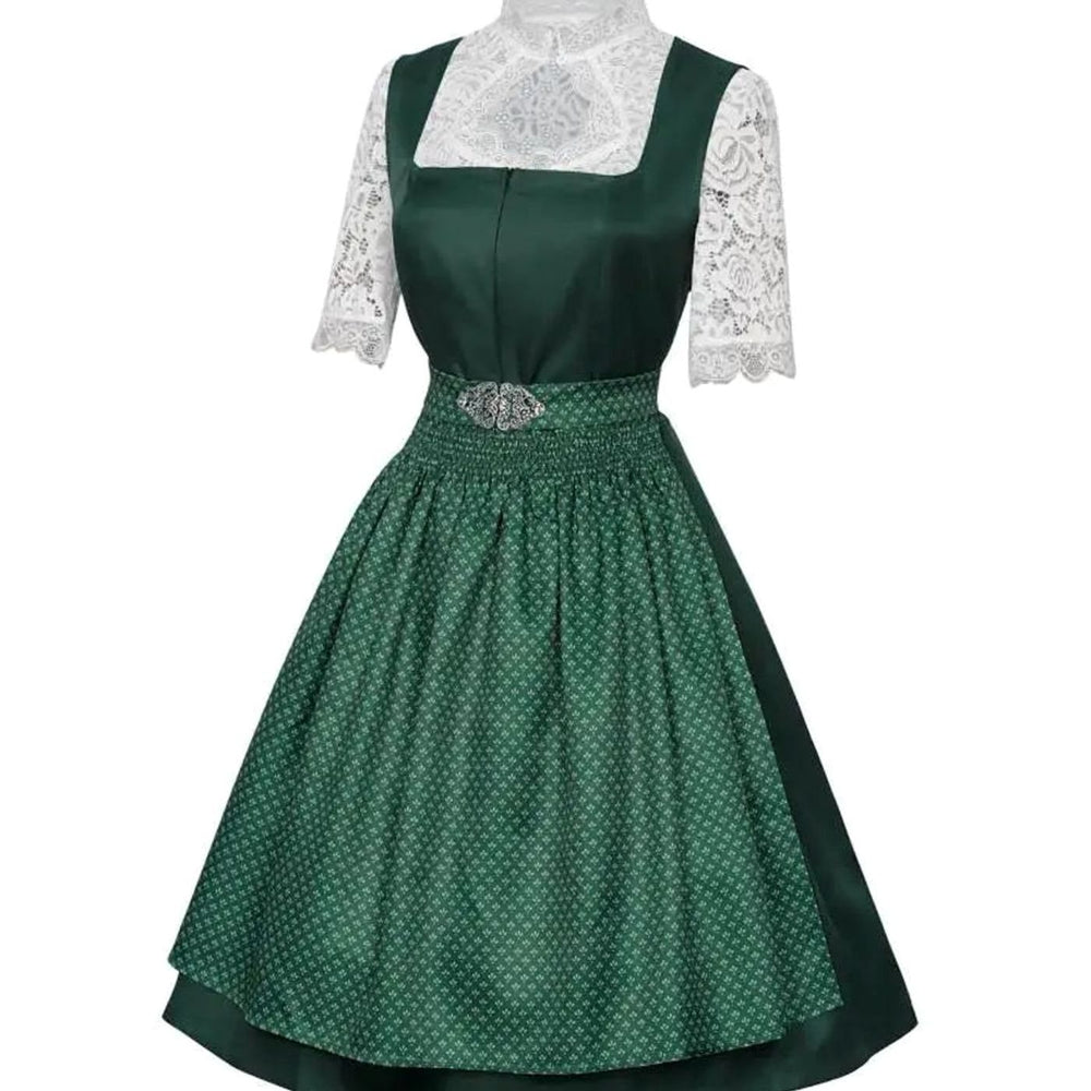Damen Trachten-Dirndl-Set knielang mit Spitzenbluse und Schürze