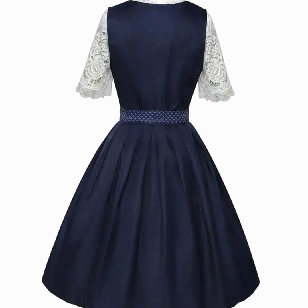 Damen Trachten-Dirndl-Set knielang mit Spitzenbluse und Schürze