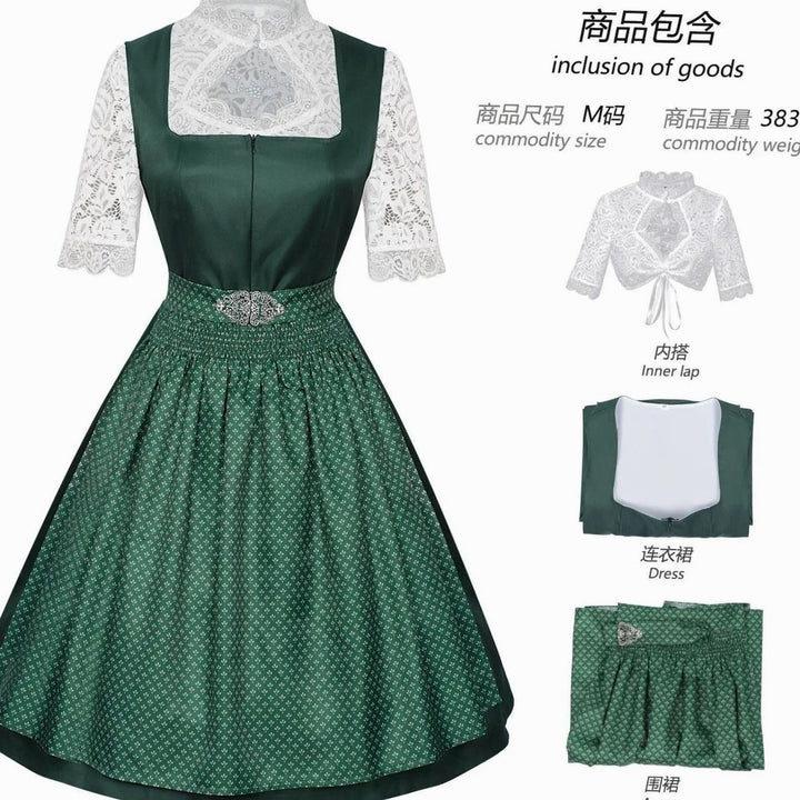 Damen Trachten-Dirndl-Set knielang mit Spitzenbluse und Schürze - Grün