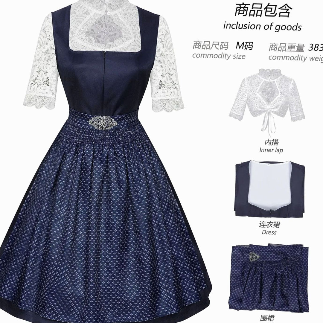 Damen Trachten-Dirndl-Set knielang mit Spitzenbluse und Schürze - Blau