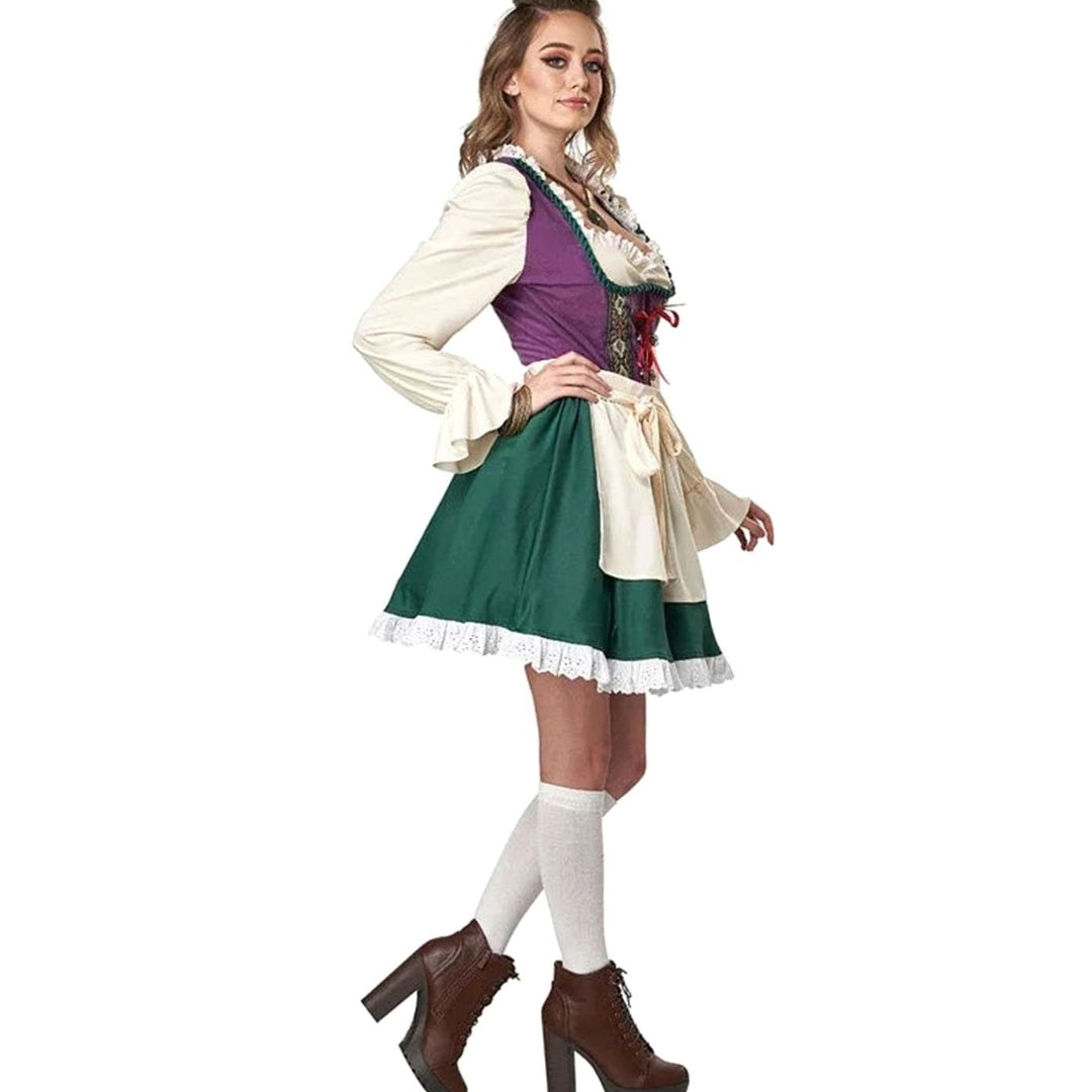 Damen Trachtenkleid Dirndl Kurz mit Schürze Langarm Grün-Violett