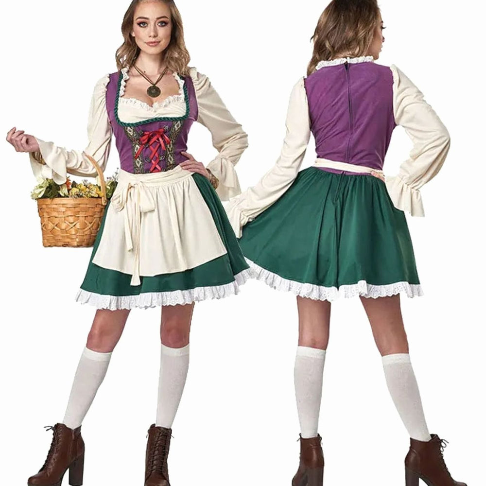 Damen Trachtenkleid Dirndl Kurz mit Schürze Langarm Grün-Violett