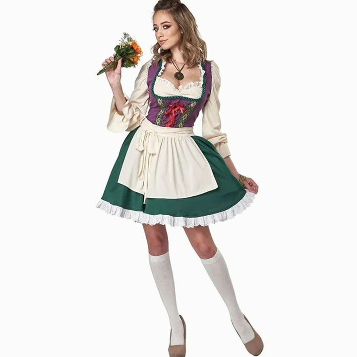 Damen Trachtenkleid Dirndl Kurz mit Schürze Langarm Grün-Violett - Grün-Violett
