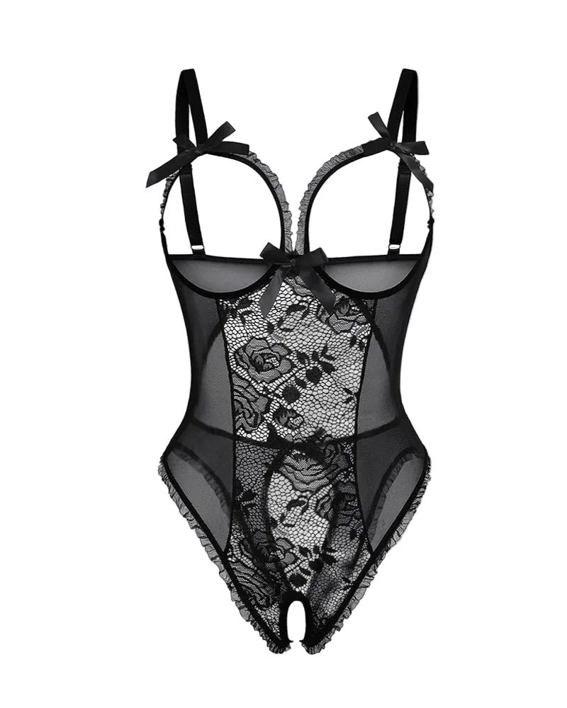 Damen Transparenter Mesh Body mit Offenem Schritt - Black