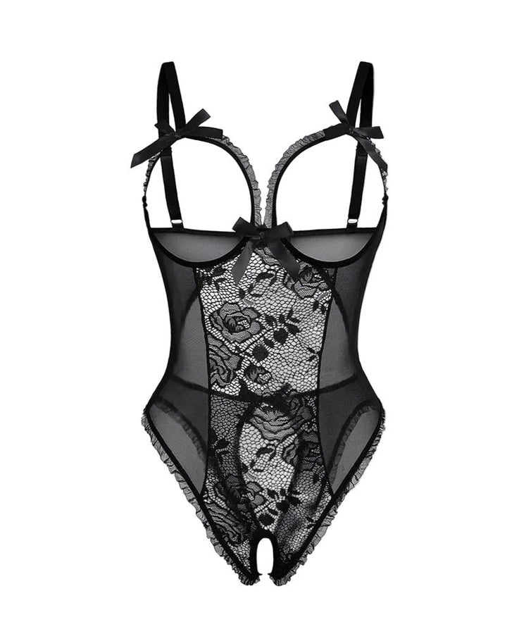 Damen Transparenter Mesh Body mit Offenem Schritt - Black