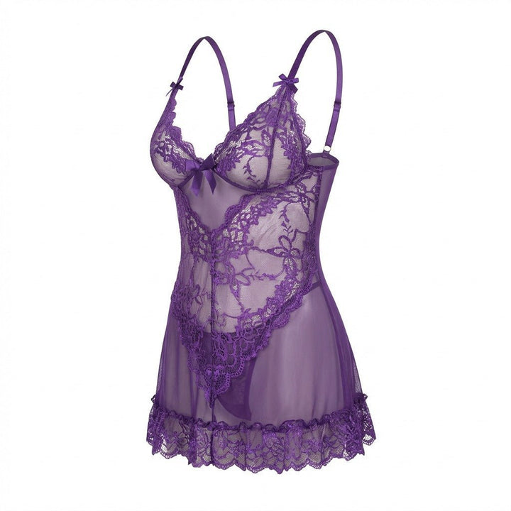Damen Transparentes Spitzen-Chemise mit G-String - Purple