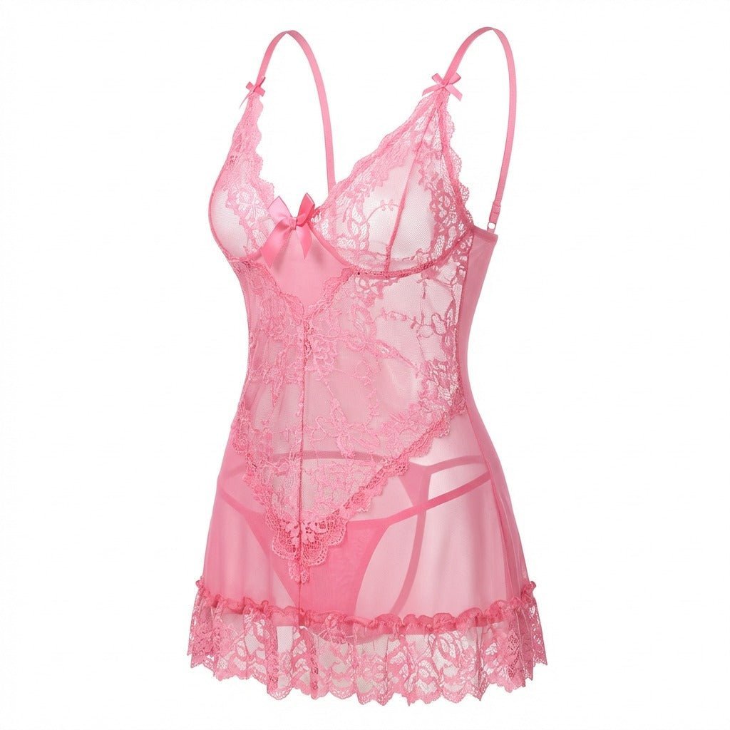 Damen Transparentes Spitzen-Chemise mit G-String - Pink