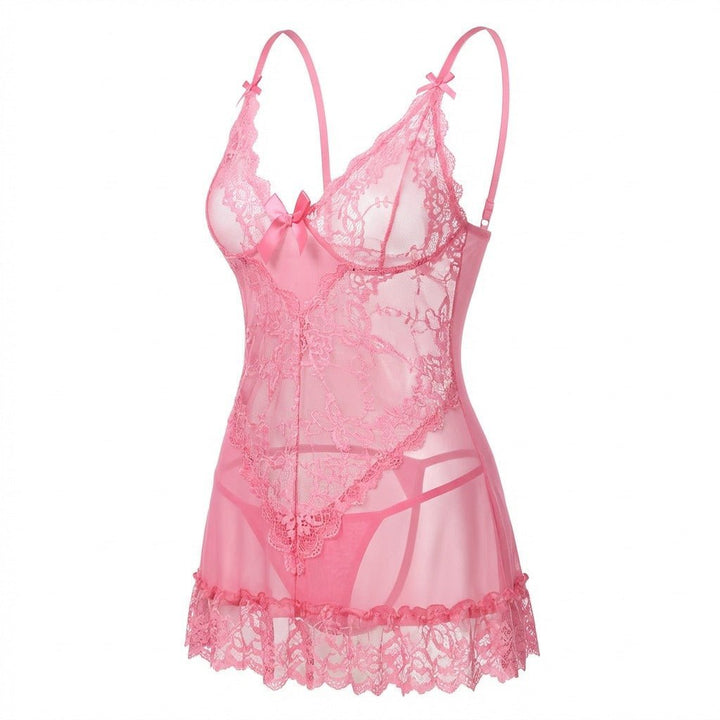 Damen Transparentes Spitzen-Chemise mit G-String - Pink