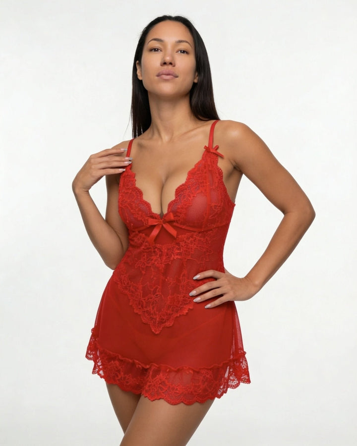Damen Transparentes Spitzen-Chemise mit G-String