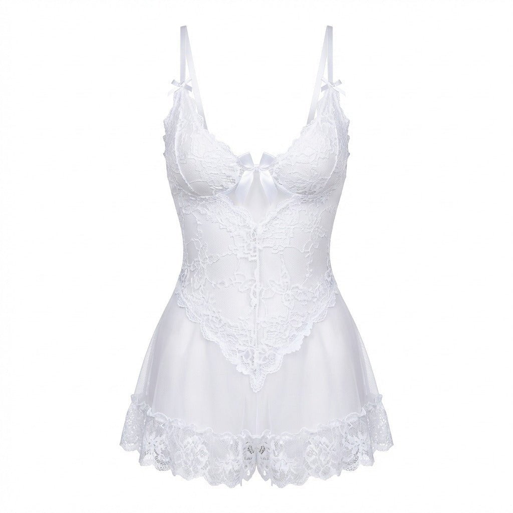 Damen Transparentes Spitzen-Chemise mit G-String - White