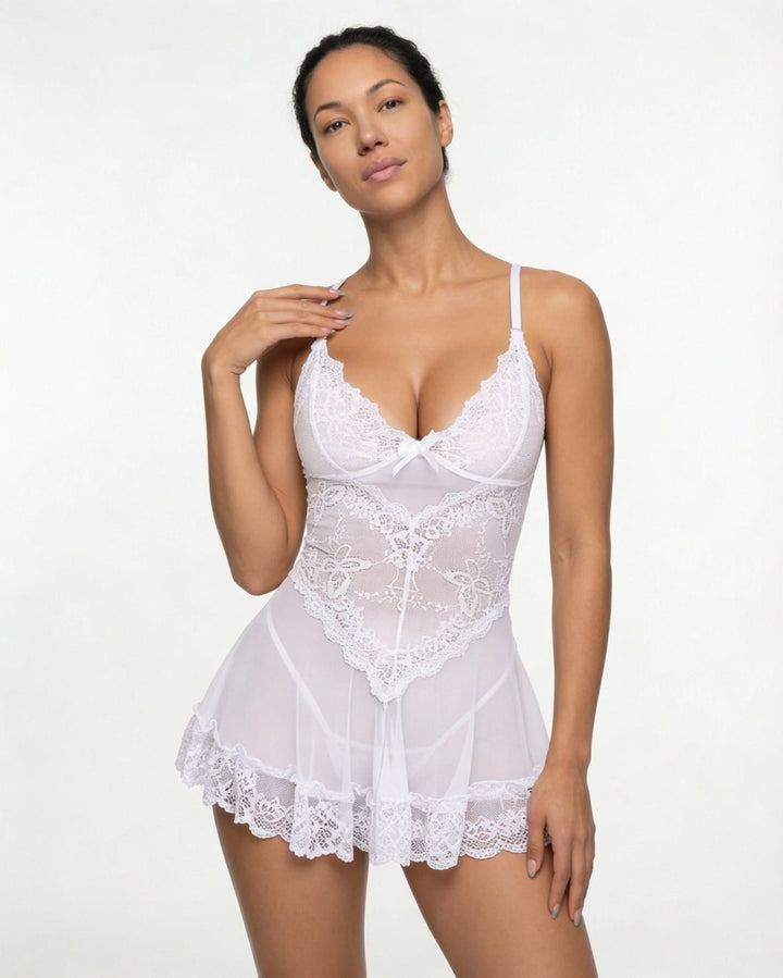 Damen Transparentes Spitzen-Chemise mit G-String