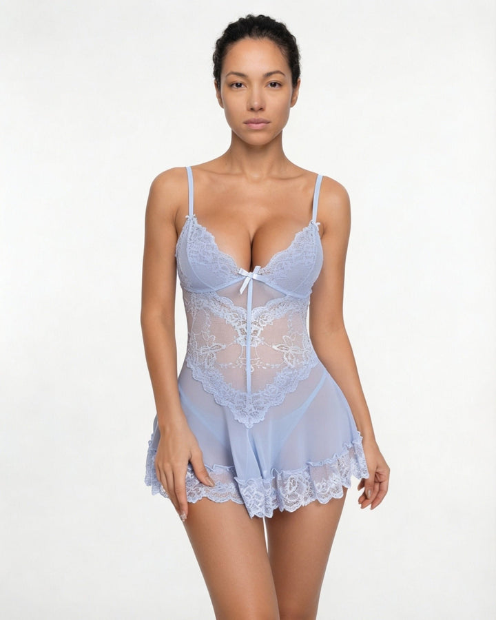 Damen Transparentes Spitzen-Chemise mit G-String