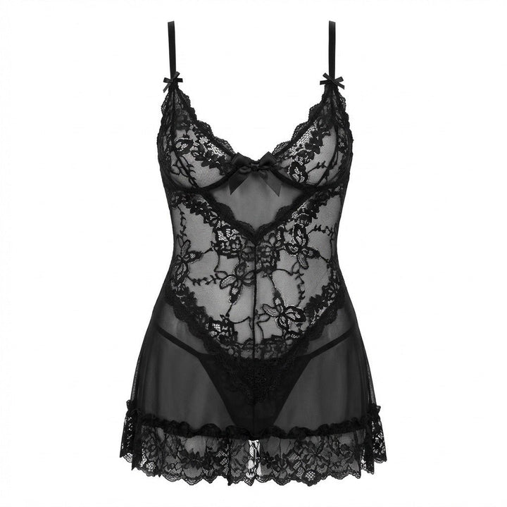 Damen Transparentes Spitzen-Chemise mit G-String - Black