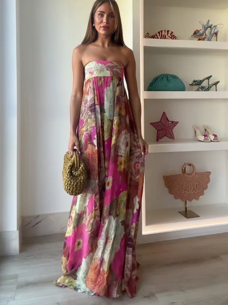 Damen Trägerlos Blumenmuster Maxi Hochzeitsgast Kleid