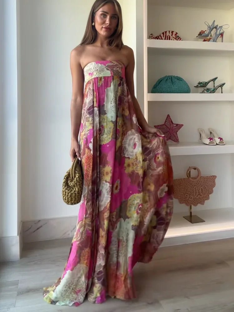 Damen Trägerlos Blumenmuster Maxi Hochzeitsgast Kleid