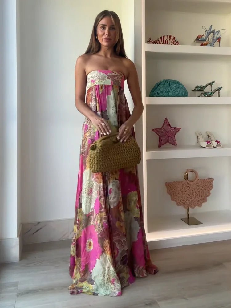 Damen Trägerlos Blumenmuster Maxi Hochzeitsgast Kleid