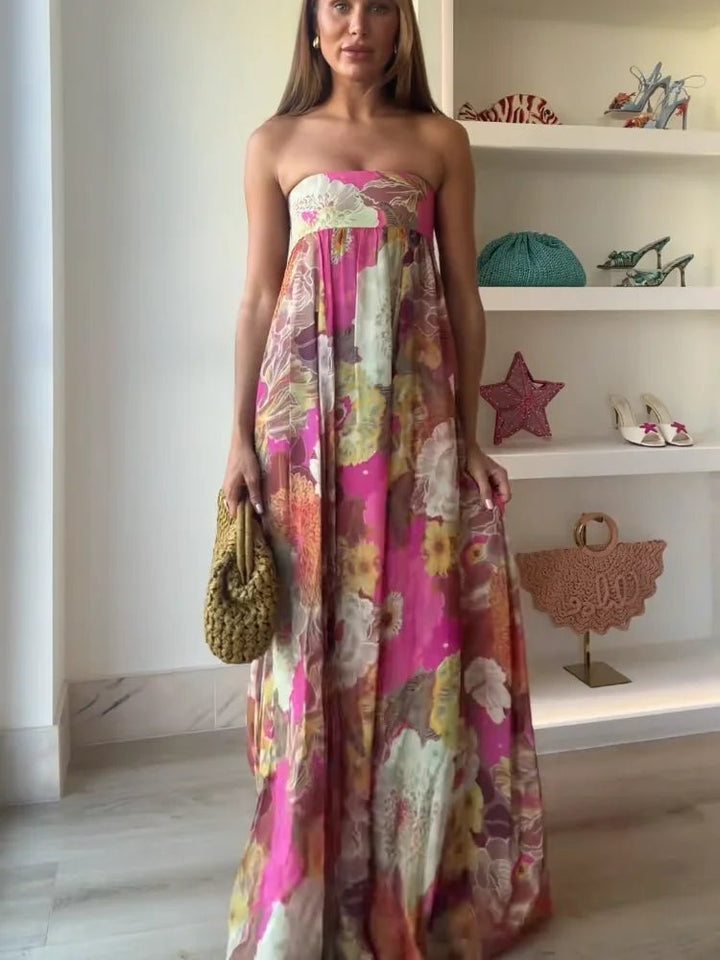 Damen Trägerlos Blumenmuster Maxi Hochzeitsgast Kleid
