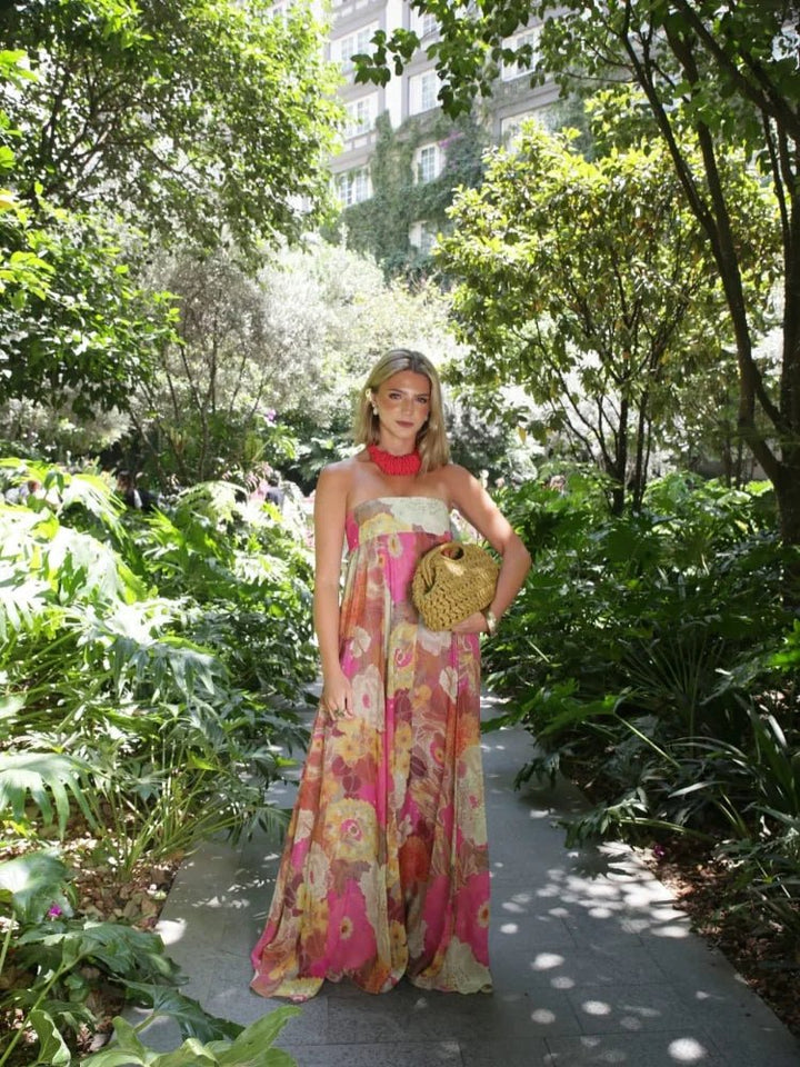 Damen Trägerlos Blumenmuster Maxi Hochzeitsgast Kleid