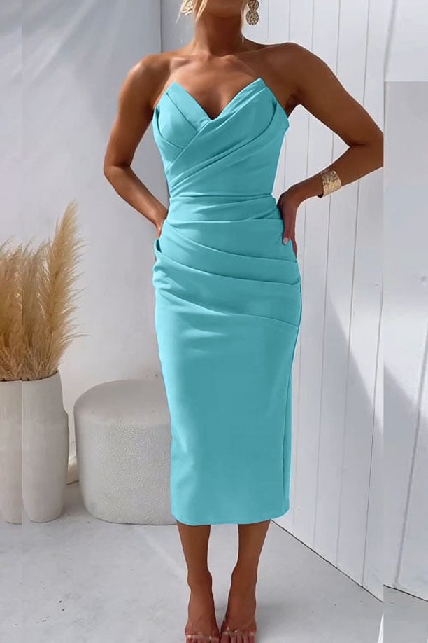 Damen Trägerlos Figurbetontes Cocktail Midi-Kleid - Turquoise