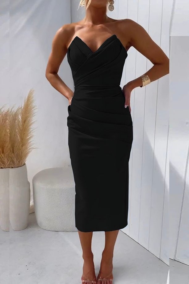 Damen Trägerlos Figurbetontes Cocktail Midi-Kleid - Black