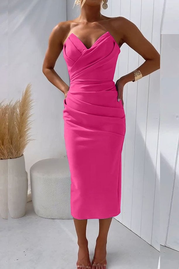 Damen Trägerlos Figurbetontes Cocktail Midi-Kleid - Rose