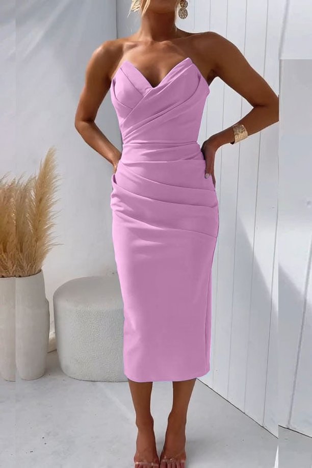 Damen Trägerlos Figurbetontes Cocktail Midi-Kleid - Pink
