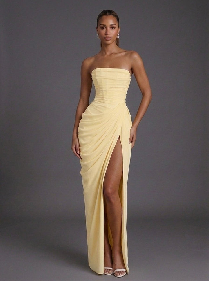 Damen Trägerlos Korsett Gerafft Maxi Hochzeitsgast Kleid - Butter Yellow