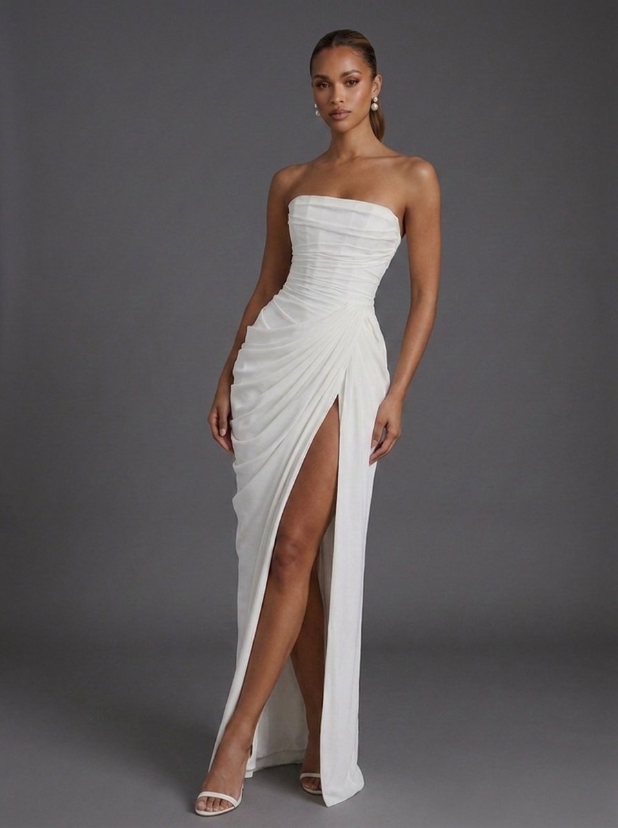 Damen Trägerlos Korsett Gerafft Maxi Hochzeitsgast Kleid - White