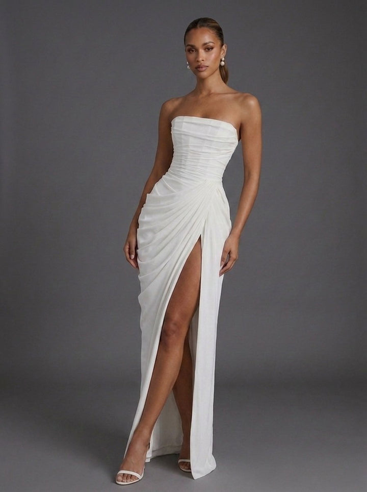 Damen Trägerlos Korsett Gerafft Maxi Hochzeitsgast Kleid - White