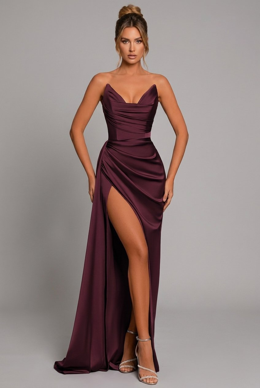 Damen Trägerlos Satin Maxikleid Gerafft Herzausschnitt Beinschlitz - Crimson Red