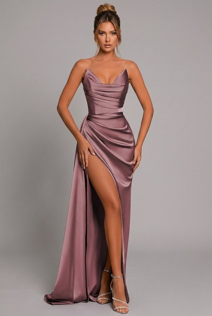 Damen Trägerlos Satin Maxikleid Gerafft Herzausschnitt Beinschlitz - Dusty Rose