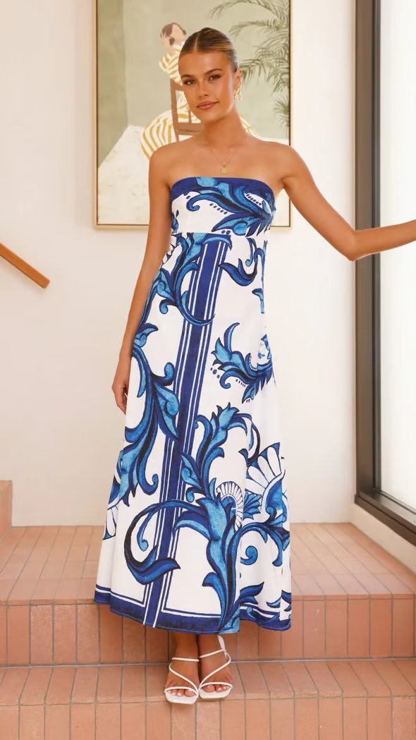 Damen Trägerlos Vintage-Print Maxi-Kleid - Blue