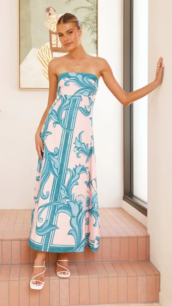 Damen Trägerlos Vintage-Print Maxi-Kleid - Light Blue