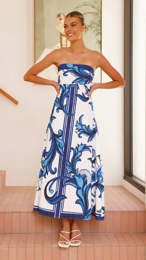 Damen Trägerlos Vintage-Print Maxi-Kleid