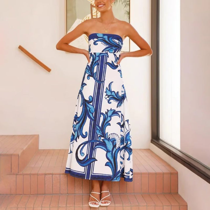 Damen Trägerlos Vintage-Print Maxi-Kleid
