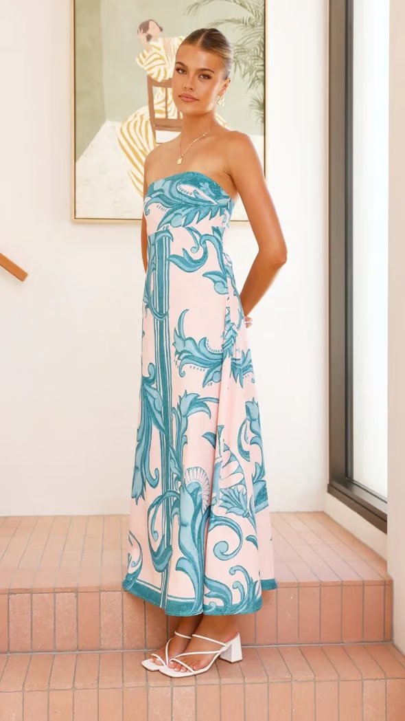 Damen Trägerlos Vintage-Print Maxi-Kleid