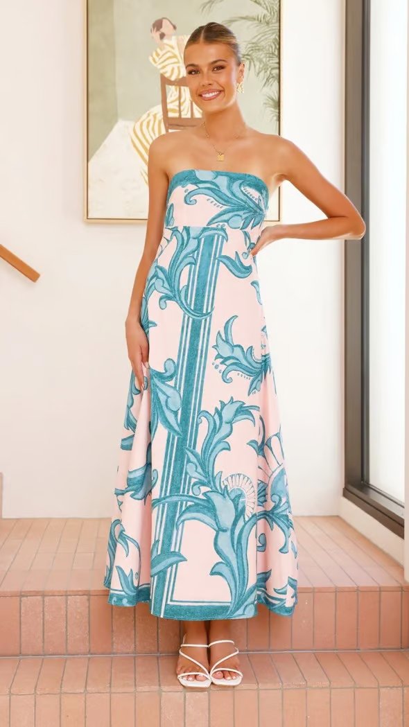 Damen Trägerlos Vintage-Print Maxi-Kleid