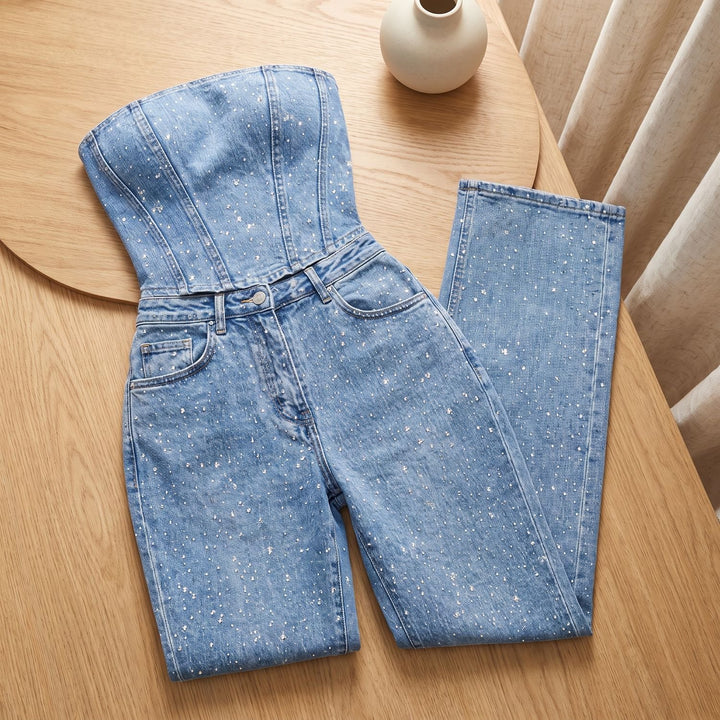 Damen Trägerloser Glitzer-Denim Jumpsuit Körpernah Geschnittener Overall - Denim-Stoff