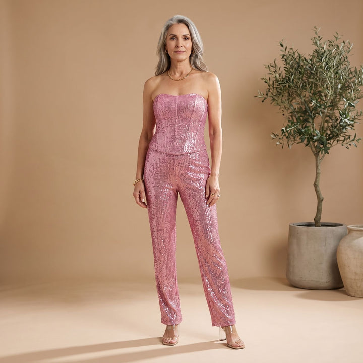Damen Trägerloser Glitzer-Denim Jumpsuit Körpernah Geschnittener Overall