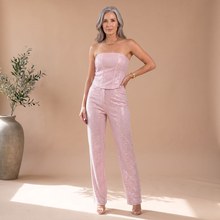 Damen Trägerloser Glitzer-Denim Jumpsuit Körpernah Geschnittener Overall