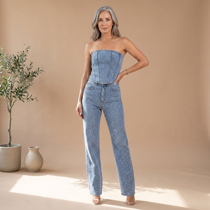 Damen Trägerloser Glitzer-Denim Jumpsuit Körpernah Geschnittener Overall