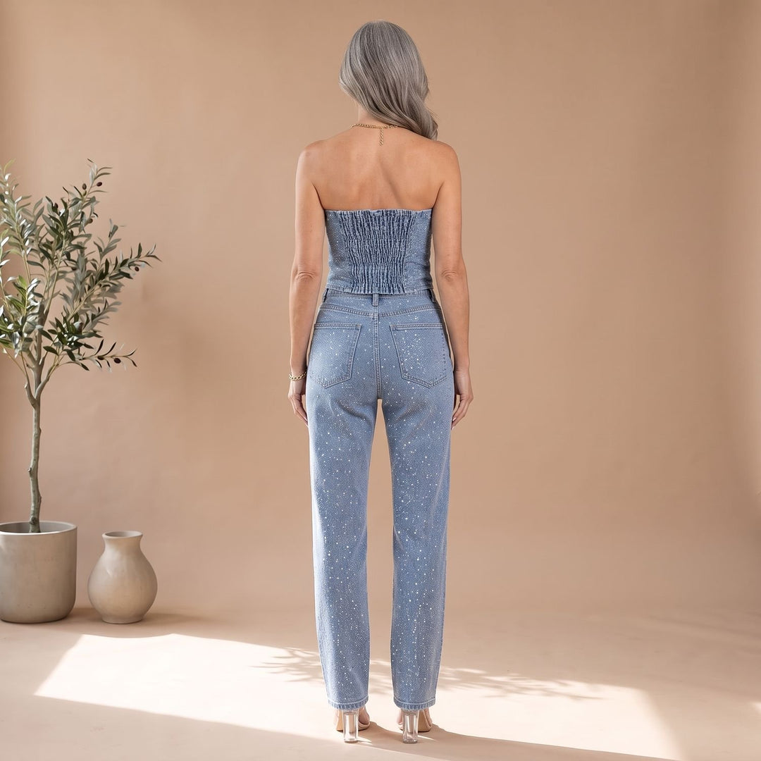 Damen Trägerloser Glitzer-Denim Jumpsuit Körpernah Geschnittener Overall