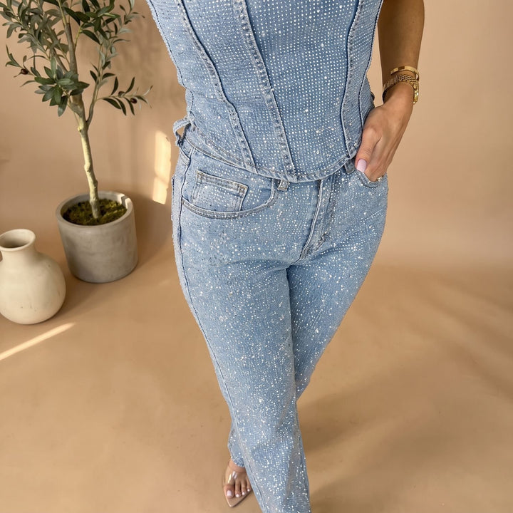 Damen Trägerloser Glitzer-Denim Jumpsuit Körpernah Geschnittener Overall