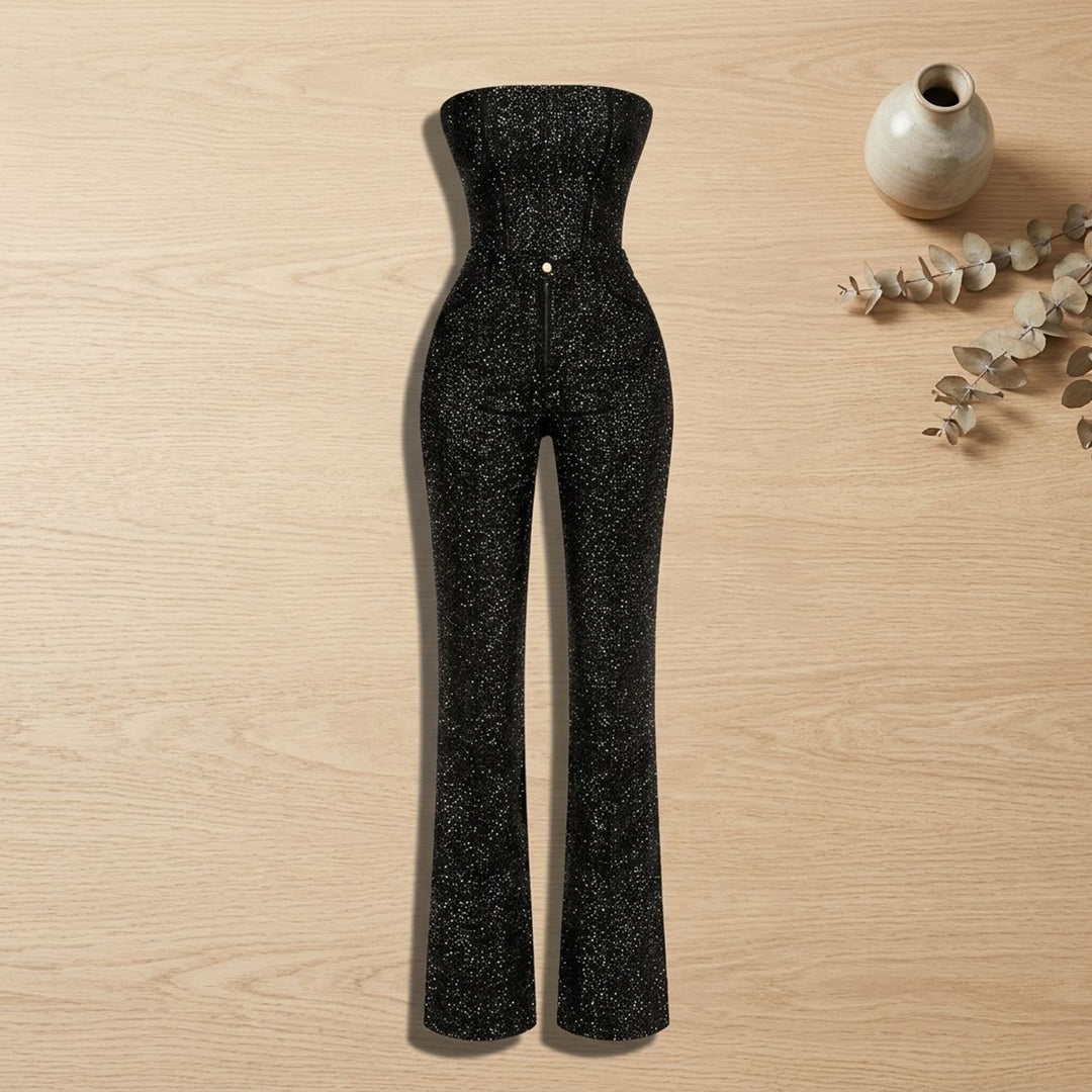 Damen Trägerloser Glitzer-Denim Jumpsuit Körpernah Geschnittener Overall - Schwarz