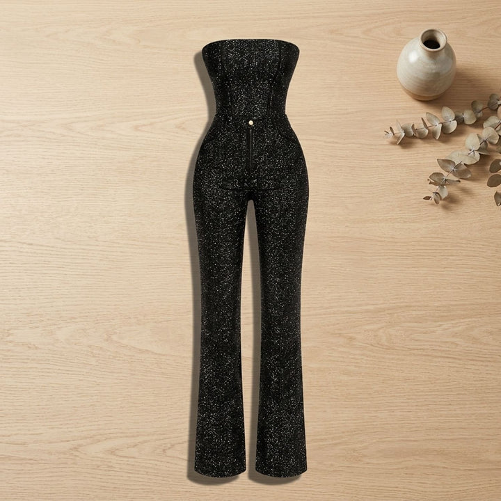 Damen Trägerloser Glitzer-Denim Jumpsuit Körpernah Geschnittener Overall - Schwarz