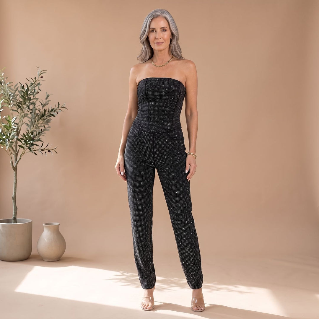 Damen Trägerloser Glitzer-Denim Jumpsuit Körpernah Geschnittener Overall