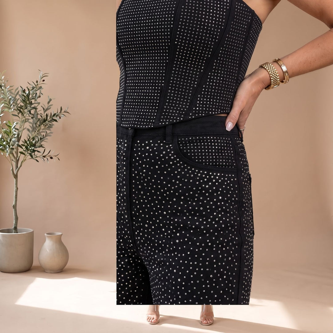 Damen Trägerloser Glitzer-Denim Jumpsuit Körpernah Geschnittener Overall